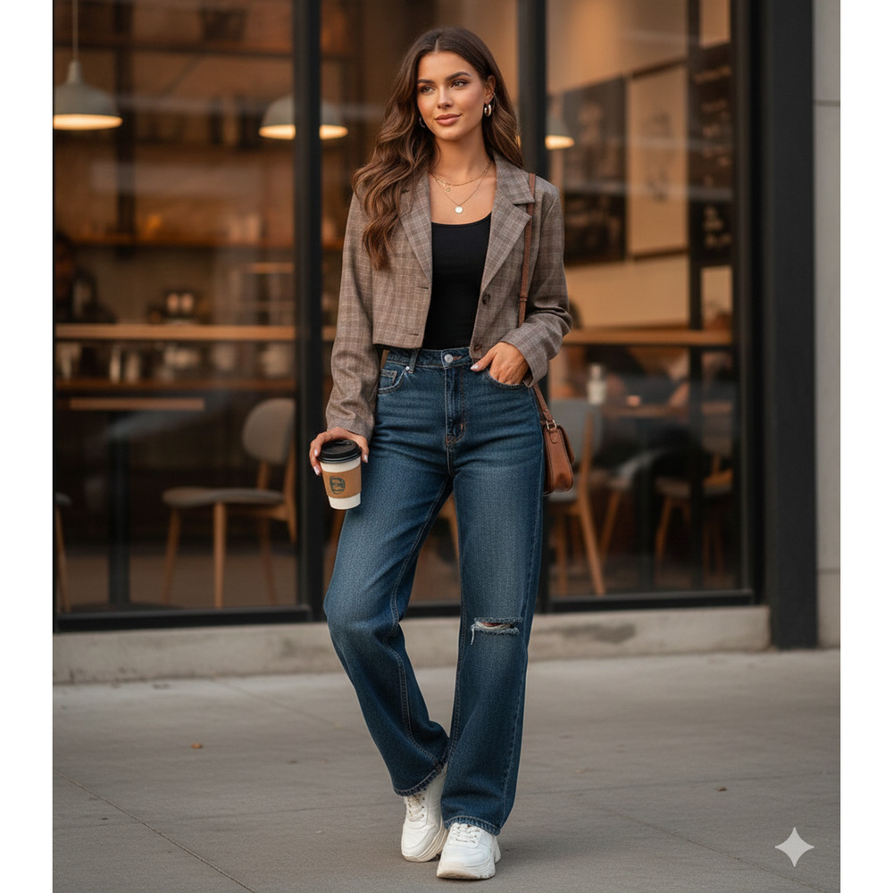 12th Tribe Plaid Cropped Blazer in Brown and Tan Tones